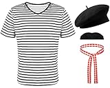 Zhanmai 4 Pcs Mardi Gras French Men Mime Costume Black and White Stripe Neck Short Sleeve T Shirts Black Beret Red Grid Scarf (Large)