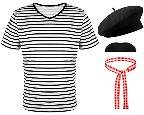 Zhanmai 4 Pcs French Men Costume Black and White Stripe Neck Short Sleeve T Shirts Beret for Halloween Cosplay