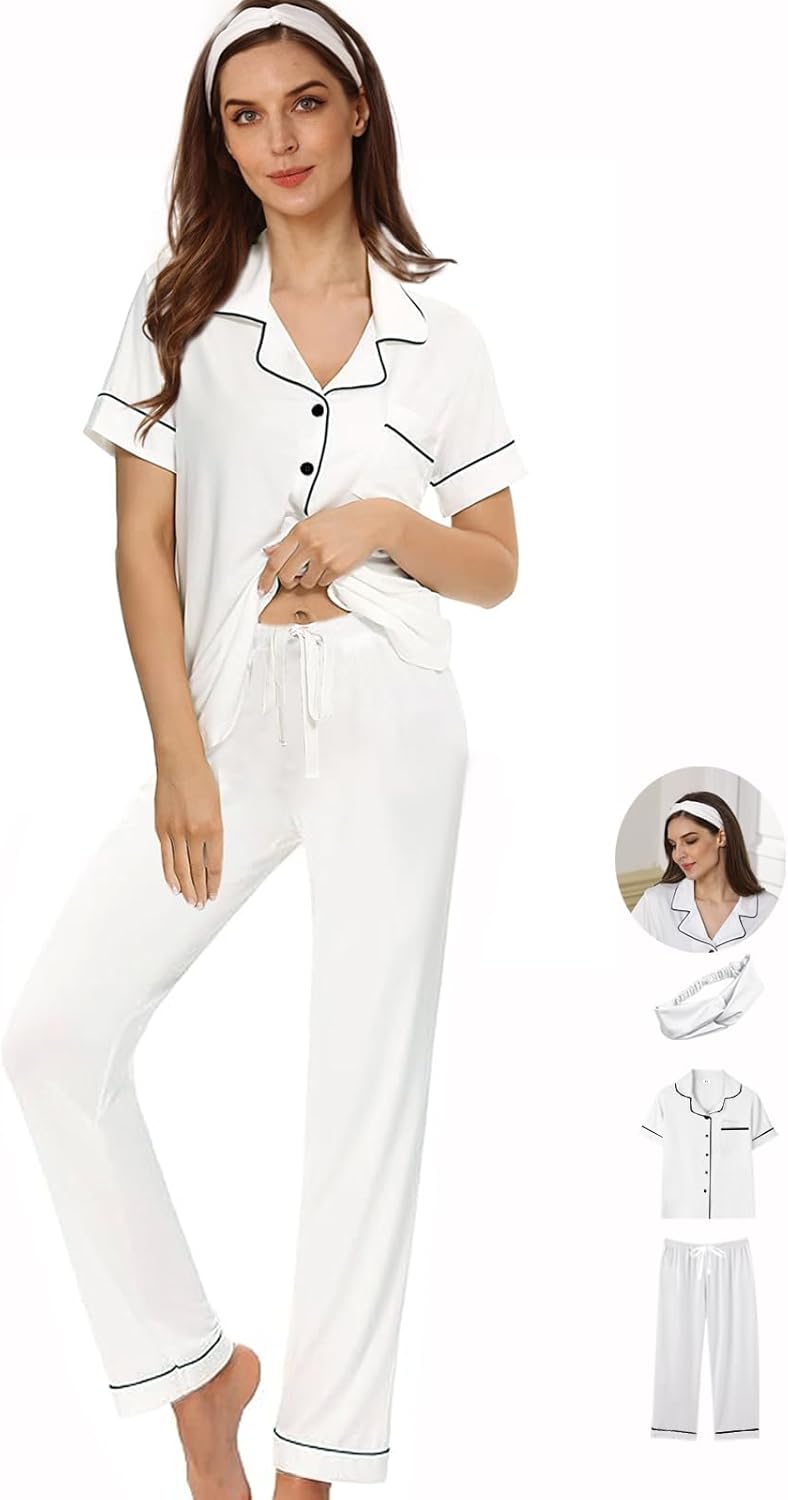 3Pcs Soft Pajama Sets For Women XS-XXL Womens Pajamas Set Sleepwear Button Down Short Sleeve Long Pants Pj sets - Image 2