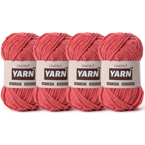 Image of 4 Packs Plush Chenille Chunky Crochet Yarn - Baby Yarn for Crocheting Soft - Velvet Yarns Knitting for Blankets Crafts - Fluffy Amigurumi Yarns 200g /262.5yds (4 Watermelon Red)