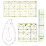 QWORK® Set 4 Righelli Patchwork in Acrilico, Squadra per Cucito 15x15, 15x30, 5x30 cm e Righello Curvo – Kit con Griglia Bicolore per Taglio Tessuto, Quilting, Sartoria e Fai-da-te