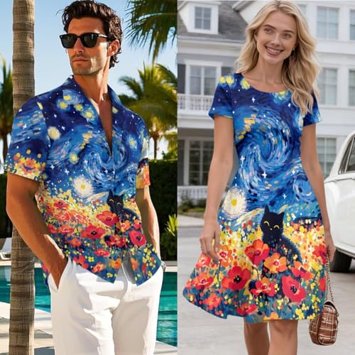 Image of AFPANQZ Couple Matching Outfit Casual Men's Button Down Shirt or Short Sleeve Summer Sundresses Dresses for Women 2026