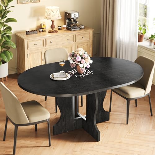 Mondeer Table à Manger Extensible Ronde, 4-8 Personnes Table a Manger Bois, 110-150cm Table de Cuisine avec Plateau en Bois et Base en Croix (Noir)