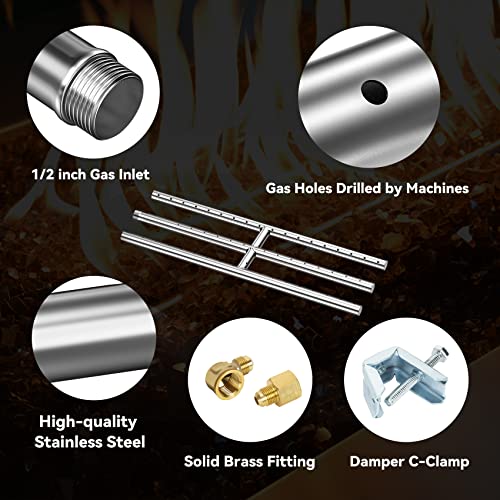 Image of Skyflame 18 inch x 6 inch Rectangular Gas Fire Pit and Fireplace H-Burner with 3 Pipes - 304 Stainless Steel - for Indoor & Outdoor Use