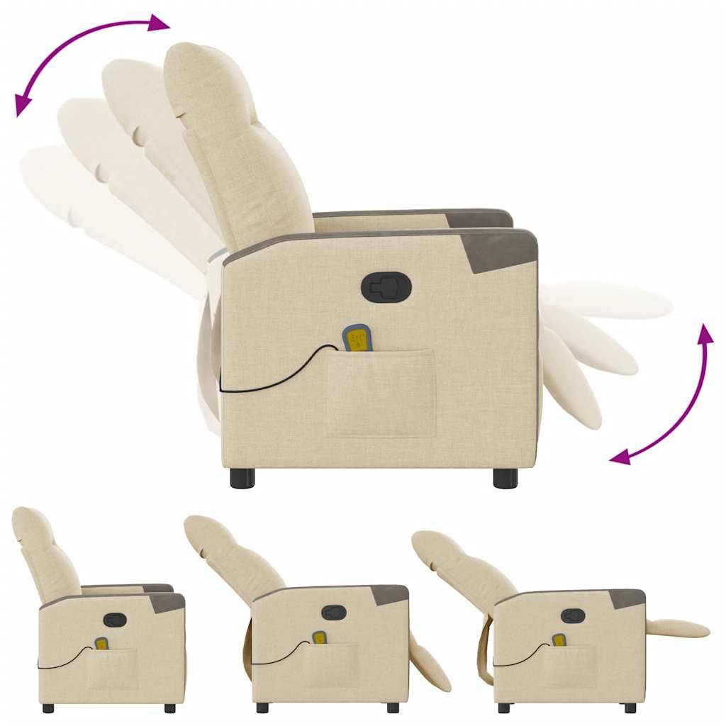 Massagesessel Creme Stoff mit 6-Punkt-Vibrationsmassage, Verstellbarer Rückenlehne 135 Grad, Holz Metall Gestell, Polster Lounge Sessel, ergonomisch bequem für Wohnzimmer, Büro