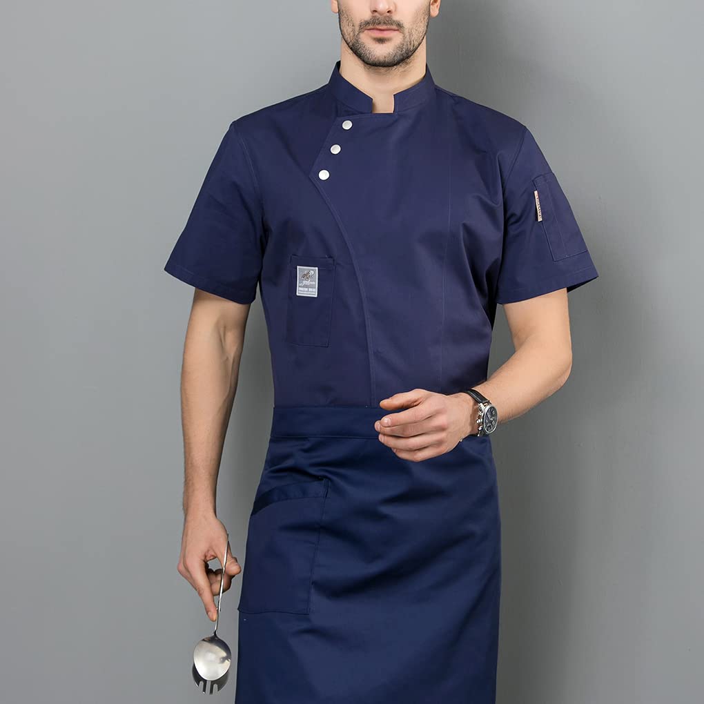 Chaqueta de chef, delantal de cocina, tres botones con bolsillos delanteros, ropa de verano, suministros de cocina para parrilla, restaurante, azul, XL