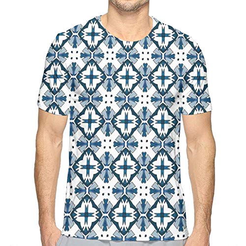 LLALUA Mens 3D Printed T Shirts,Traditional Portuguese Azulejo Tiles Pattern Illustration XL