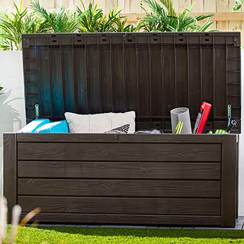 Keter Westwood Outdoor Resin 150 Gallon Deck Storage Box Organizer For Patio Furniture, Pool Toys And Yard Tools With Bench, Brown (2 Pack) #TOP5