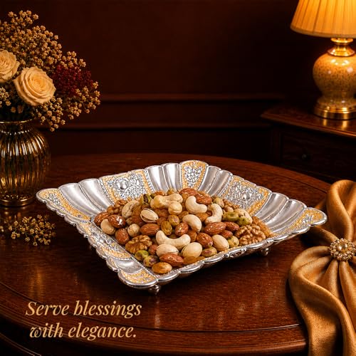Image of Diviniti German Silver Decorative Tray for Home Decor | Square Floral Embossed Platter | Luxury Center Table Accent for Living Room & Dining Decor | Premium Decorative Gift with Box