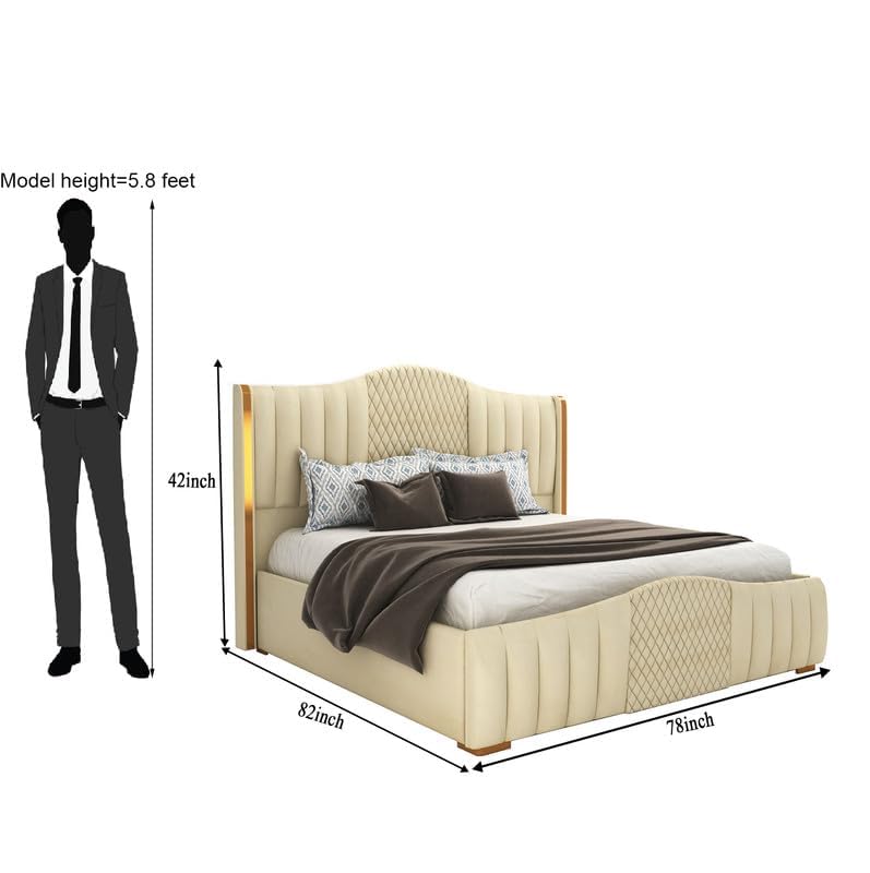 Image of STRATA FURNITURE Solid Wood King Size Bed with Box Storage and Upholstered Headboard | Wooden Double Bed Cot Palang for Bedroom, Home, Hotel & Guest Room Furniture (Beige)