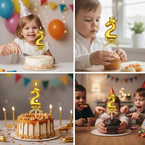 Image of Rozi Decoration Number 2 Birthday Candle for Cake with Crown Design | Gold Metallic Number Candle with Stick | Second Birthday Cake Topper for Baby, Kids and Family Celebration
