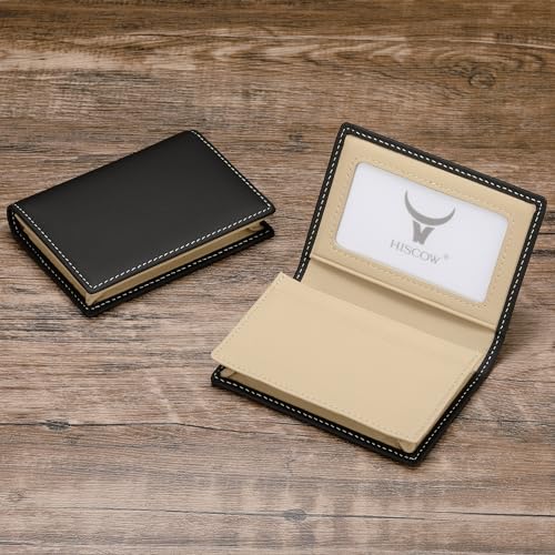 Image of HISCOW Full Grain Leather Business Card Holder Case | Minimalist EDC wallet, gusset holds 25 cards, ID window, fits folded bills, bifold profile, premium gifts for men & women