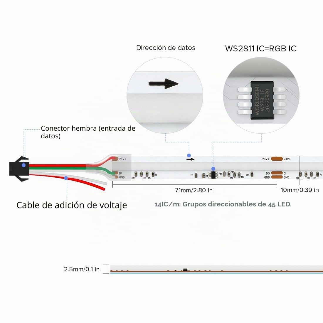FCOB COB WS2811 IC RGB Direccionable Tira LED 7.5m 24V 630LEDs/m Blanco PCB