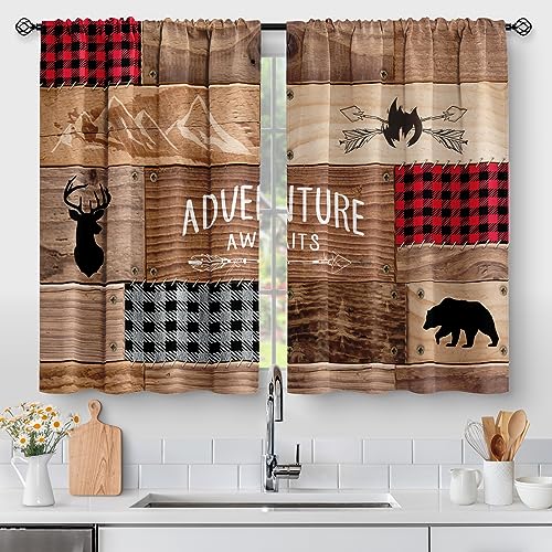 Aimego Rustic Wooden Kitchen Curtains - Farmhouse Cabin Bear Deer