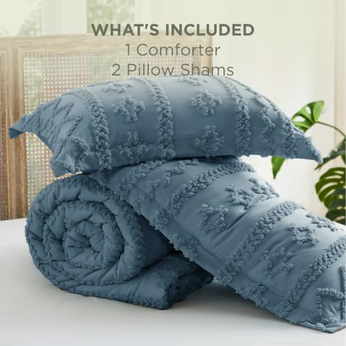 Image of Bedsure Tufted Boho Comforter Set Oversized Queen - Dusty Blue Boho Bed Set, GentleSoft 3 Pieces Farmhouse-Style Embroidery Bedding, Gifts for Woman, Soft Jacquard Kids' Comforter for All Seasons