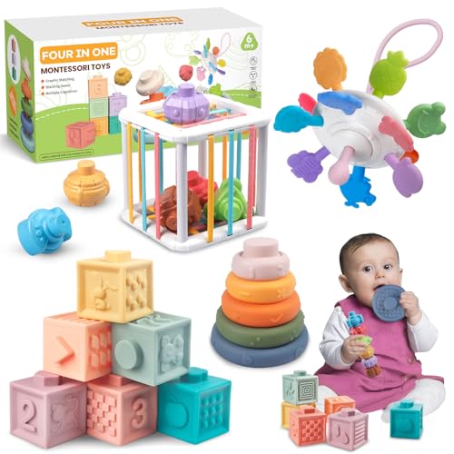 Martiount 4 in 1 Baby Toys 6 to12-18 Months, Montessori Toys for 1-3 Year Old Infant Toys Stacking Building Blocks,Pull String Baby Teething Toys Sensory Toys 6-9-12M for Baby