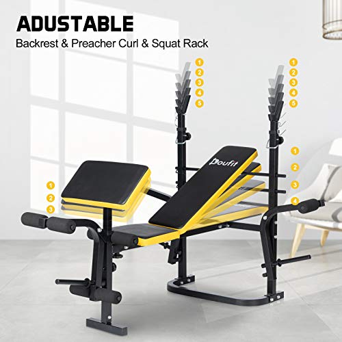 Adjustable Weight Bench with Squat Rack, Doufit WB-04 Foldable Workout Bench with Leg Extension and Preacher Curl for Full-Body Exercise and Strength Training, Weight Lifting Bench Press for Home Gym