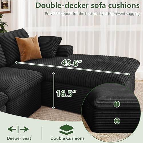 Image of 136 inch Cloud Couch Modular Sectional Sofa for Living Room, L-Shape Boneless Couch with Deep Seat, Modern Corduroy 4-Seater, No Assembly Required (Black,Right-Facing Chaise)