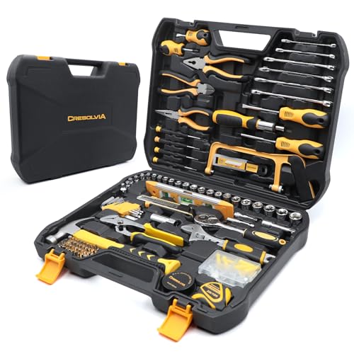 CRESOLVIA 199 Piece Home Tool Set Basic Household Auto Repair Tool Set with Plastic Toolbox Storage Case Pliers Wrench Combination General Hand Tool Kit for Men Women Home DIY Car Maintenance
