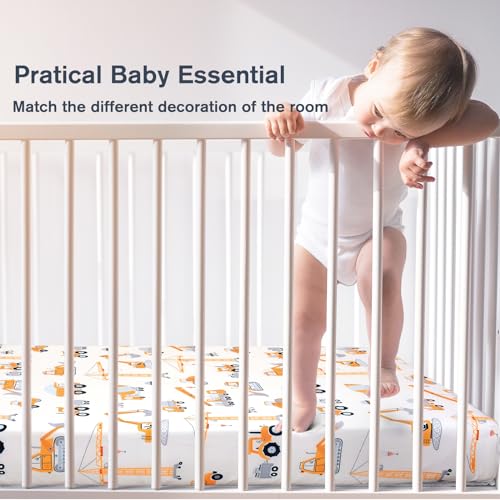 Image of JISEN Baby Crib Sheets Soft Breathable Fitted Crib Sheets for Standard Crib and Toddler Mattress Baby Bed Sheets for Crib for Boys Girls Neutral 52x28 Inch Construction Trucks