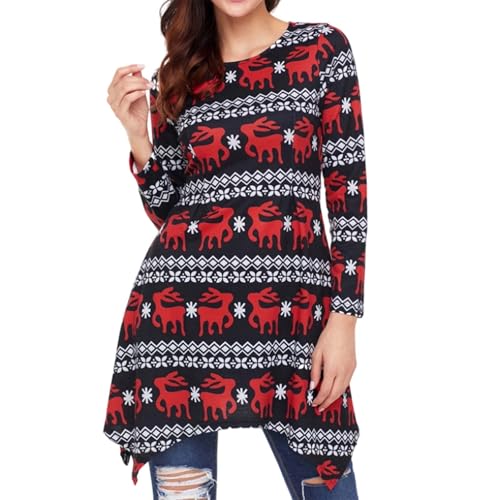 Generisch Damen Tunika-Kleid mit Norwegermuster - Langarm-Longshirt mit asymmetrischem Saum | Winterliches Kleid im skandinavischen Stil