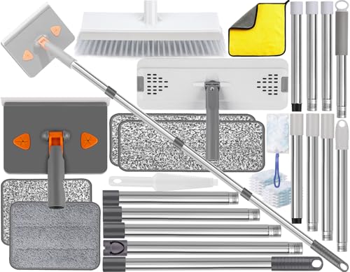 Floor Mop Set with 57" Handle, Scrub Brush, 2 Pads, Gray
