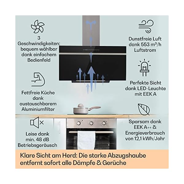 Klarstein Dunstabzugshaube 90 cm Umluft/Abluft, Schwarz mit Spühlmaschinenfestem Filter, Dunstabzug Schräg mit 514m³/h Luftstrom, Abzugshaube Breit, Wandhauben mit Wi-Fi & LEDs – Bild 3