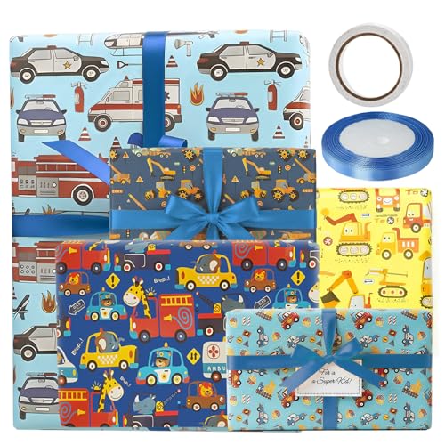 5er-Set Geschenkpapier Fahrzeuge & Baumaschinen 70x50 cm Kunstdruckpapier Geschenkverpackung mit Doppelseitigem Klebeband & Geschenkband Gift Wrapping Paper Motivpapier Dekorationspapier für Geschenke