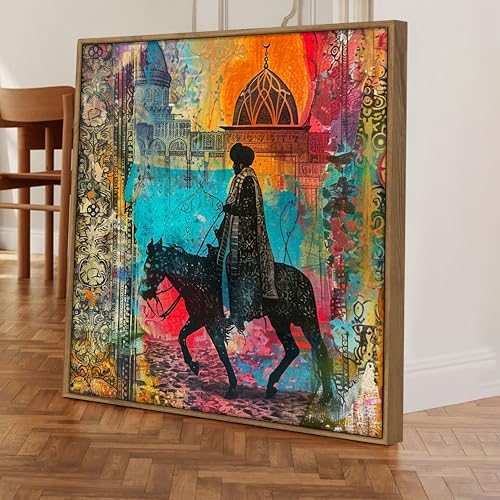 Image of Royal Horse Rider Framed Canvas Wall Art Painting for Living Room | Colorful Ethnic Abstract Horse Painting with Frame | Vintage Cultural Wall Decor for Home & Office, 23x23 Inch