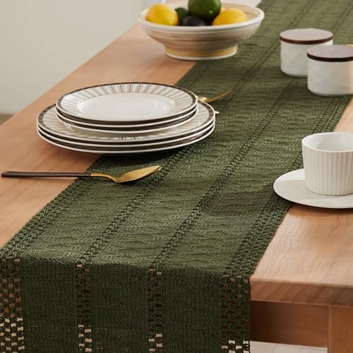 Image of ZeeMart Macrame Style Boho Table Runner, 12x108 Inch Olive | Woven Boho Table Runner with Handmade Tassels, Crochet Hollow Table Scarf, Farmhouse Kitchen Home Decor Dresser Runner