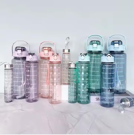 Image of TRANSPARENT 3-Pcs (2000ML-900ML-300ML) Water Bottle with Straw & Time Marker | Leak-Proof Sports Bottle for Gym, Office, School | Break-Resistant Silicone Bottle for Daily Hydration (Green)