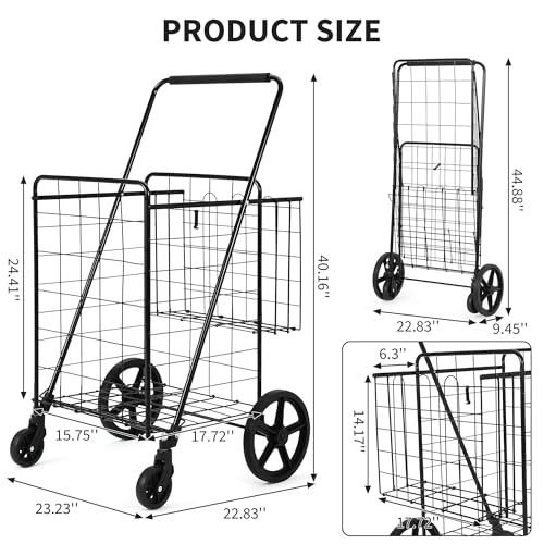 Large Folding Shopping Cart with Wheels, Rolling Foldable Grocery Cart with Double Basket, Portable Collapsible Utility Cart for Laundry, Luggage Camping, Locking Latch