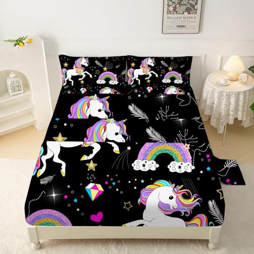 VTKON Black Unicorn Sheets Set Queen Cute Unicorn Bedding Set Teen Girl Bedding Rainbow Sheets Set Include 1 Flat Sheet + 1 Fitted Sheet + 2 Pillowcases