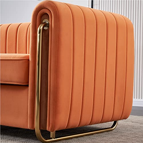 Image of KEIKI 84 inch Velvet Deep Channel Tufted Sofa with Back Cushions and Rolled Arms, Modern Style 3-Seater Couch with Golden Polished Steel Legs, Easy Assembly, for Living Room, Bedroom, Office, Orange