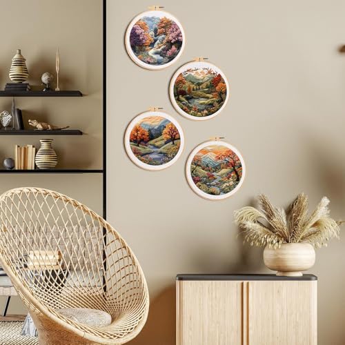Image of FONNUY Embroidery Kit for Beginners, Boho Nature Landscape Pre-Stamped Pattern Kits for Adults with Hoop, Easy to Follow Color Thread Needlework, 8'' Hoop (Mountain Trail)