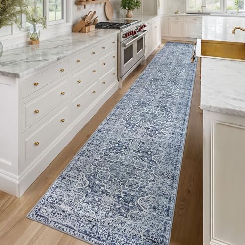 KUTA Vintage Washable Runner Rug 2.6x16, Non-Slip 16ft Extra Long Hallway Kitchen Rugs Blue White, Ultra Soft Printed Distressed Classic Floral Stair Runners Indoor for Bedroom Nursery