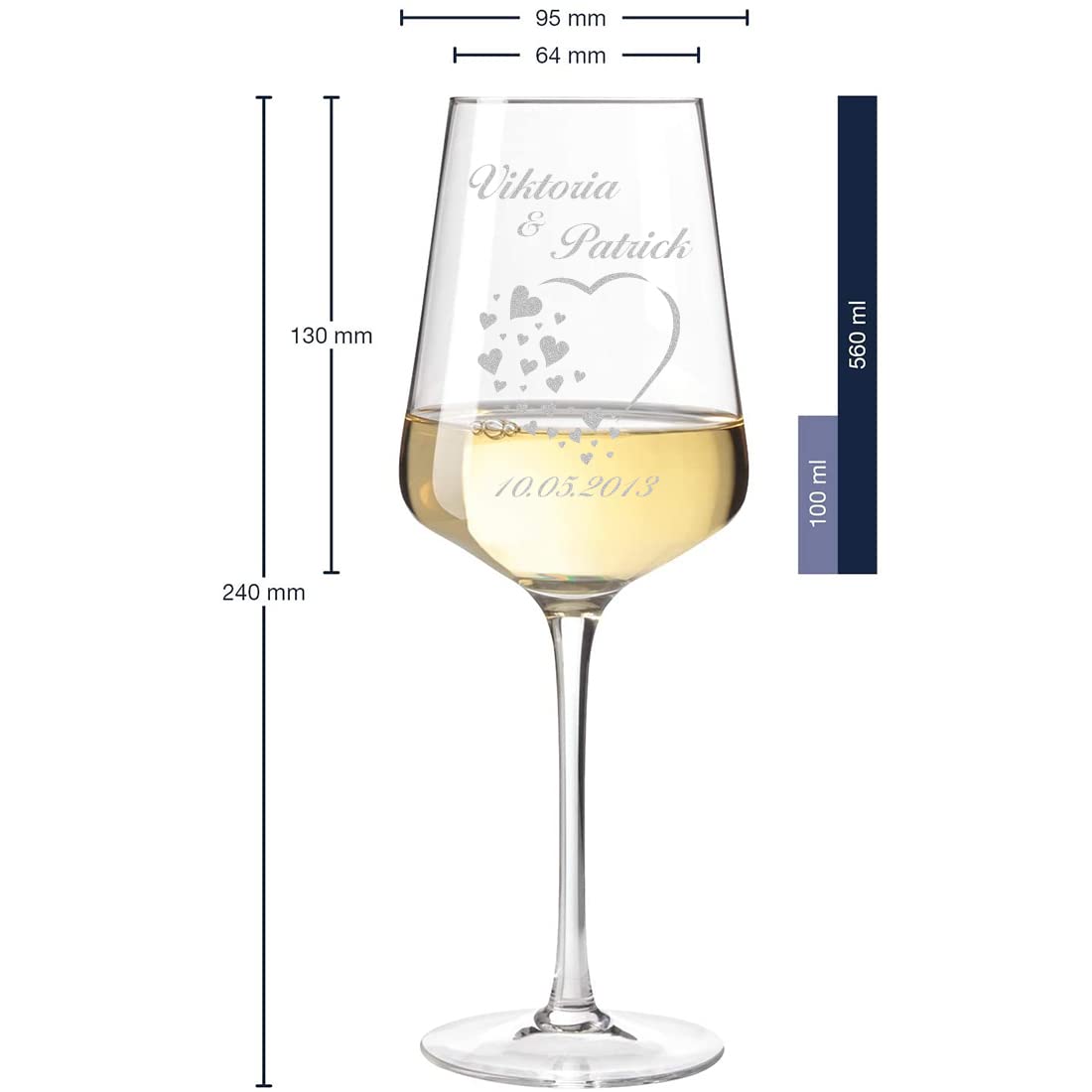 3-tlg Wein-Set mit personalisierter Wunschgravur - Motiv Herz mit kleine Herzen - 2x Leonardo Weißweingläser Puccini 560 ml, 1x Holzkiste - nachhaltig - DIY Geschenk - Hochzeit, Heirat - Paar