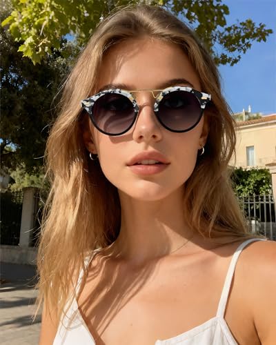 Image of CARFIA Small Face Acetate Polarized Sunglasses for Women UV Protection, Retro Double Bridge Eyewears Metal Brow Round Sunnies