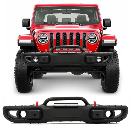 KUAFU Front Bumper Compatible with 2018-2025 Jeep Wrangler JL 2020-2025 Jeep Gladiator JT 10th Anniversary Style 2DR 4DR Models W/PDC Sensor Holes Fog Lights Holes Steel Black Powder Coated
