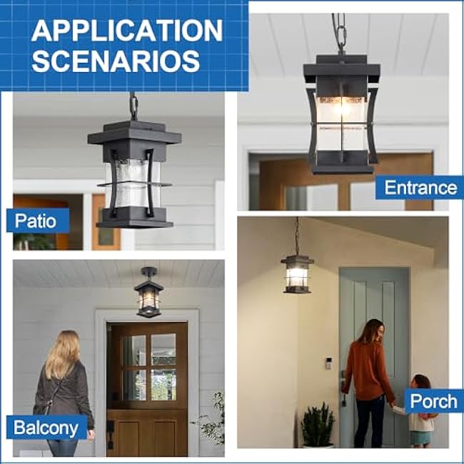 Motion Outdoor Pendant Light Fixture with Dusk to Dawn Sensor Exterior Hanging Lantern with Adjustable Chain Black with Seeded Glass Outside Lights for House Patio Front Porch Lighting