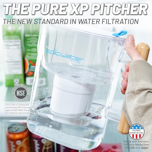 Epic Pure XP Water Filter Pitcher with Advanced CoreXchange™ Filter | NSF Certified | Removes PFAS, Lead, Chlorine & More | BPA-Free | Made in USA (White & Bamboo)