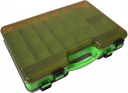 Double-Sided Adjustable Fishing Tackle Storage Box – 29cm, 18–36 Compartments, Heavy-Duty PP Plastic with Secure ABS Latches (Green)