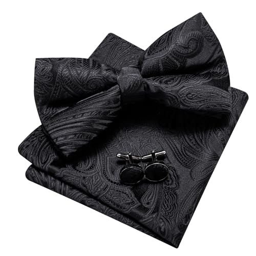 Image of Barry.Wang Paisley Striped Bow Tie for Men Silk Pre-Tied Bowtie Pocket Square Cufflinks Set Formal Wedding Party Prom