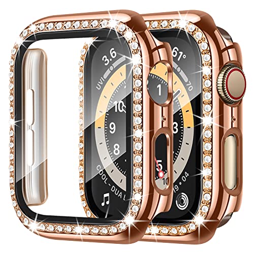 Anlinser Harte Schutzhülle Kompatibel für Apple Watch Hülle 40mm mit Panzerglas Displayschutz Schutzfolie für Frauen, Glitter Diamond Gehäuse für iWatch SE Serie 6/5/4 (Roségold) Cover