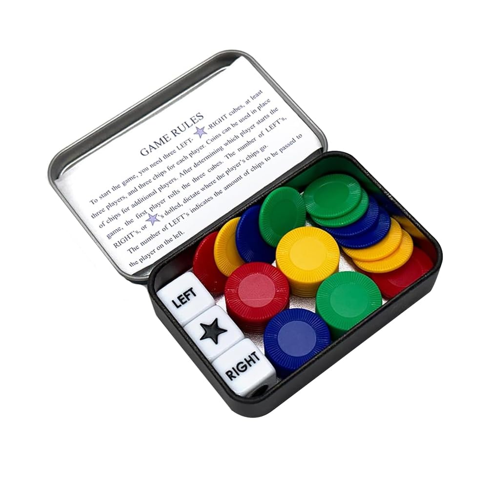 Sarini Gioco di dadi sinistra centro destra con 4 gettoni colorati, dadi a 3 stelle e istruzioni - Scatola di latta da 65 g, perfetta per feste, riunioni di famiglia e riunioni con gli amici