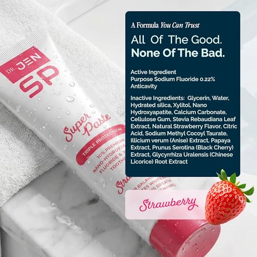 Image of Dr. Jen Super Paste Toothpaste with Fluoride + 10% Premium Nano Hydroxyapatite, Xylitol, Strawberry, SLS Free, Vegan, Dentist Designed, Essential Oils, Fresh Clean Feel, 1 Pack