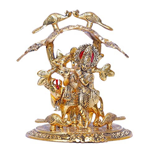 Image of KridayKraft Krishna Playing Flute with Kamdhenu Cow Standing Under Tree Metal Statue for Pooja & Home Office Religious Idol Decorative Showpiece Table Top Figurines Murti for Decoration & Gift Purpose