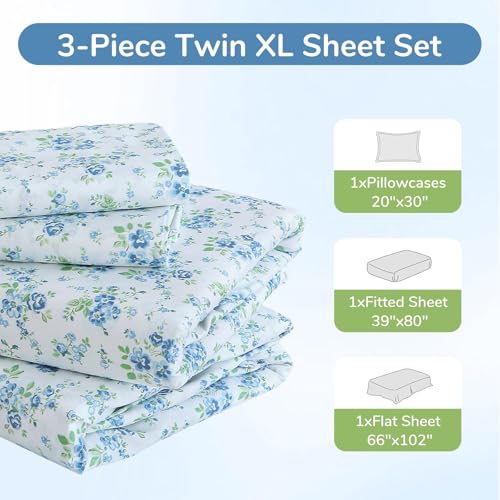 Image of MUXHOMO TwinXL Size 4 Piece Sheet Set, Soft Breathable Bed Sheet Set for Bedroom with Deep Pocket Up to 16 inch, Wrinkle-Free & Cooling Bedding for Oeko-TEX Certified - Blossoms Light Blue