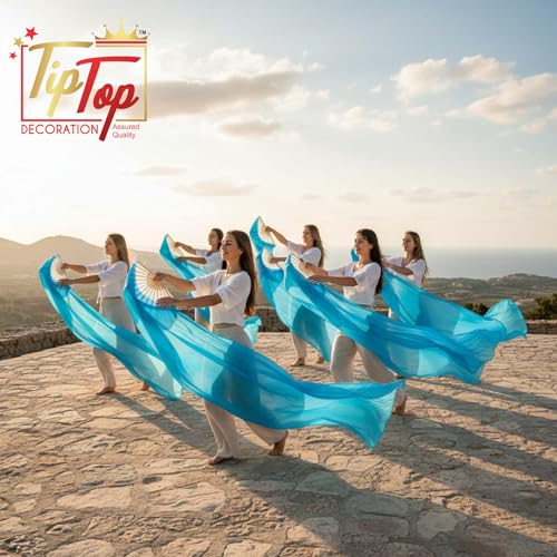Image of Premium Dancing Long Veil Bamboo Folding Streamer Silk Hand Fan For Dance Shows (Electric Blue, Pack of 2 Pieces)