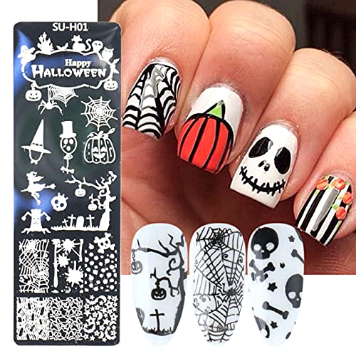 Beiling Nail Halloween Nail Template Plates With 1 Stamper 1 Scraper Horror Ghost Pumpkin Skull Bone Patterns Nail Stamping Tools For Nail Art Designer Nail Decoration Supply Nail Stencil,8 Piece Set #TOP6